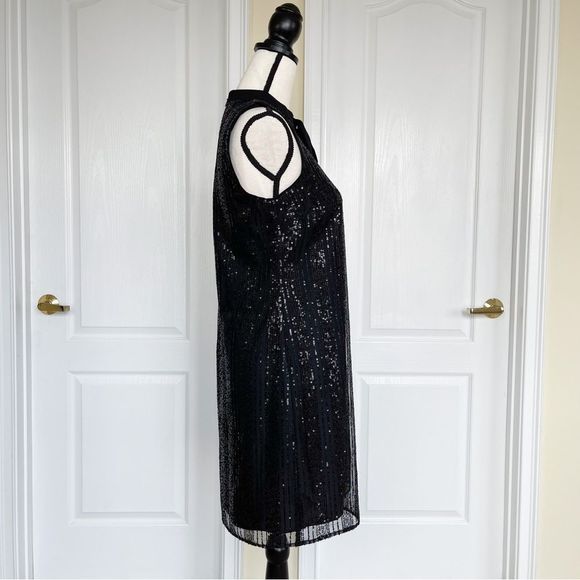 CeCe Size XS Black Sequin Layered Bow Tie Neck Sleeveless Cocktail Dress - Picture 7 of 16
